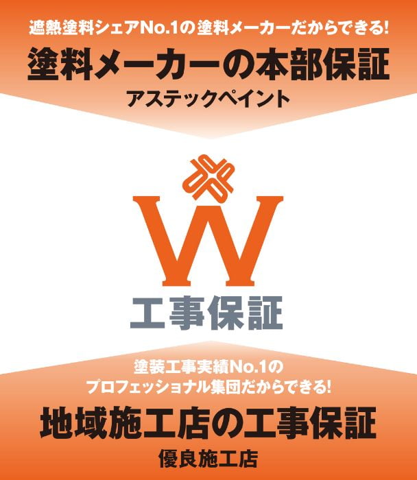 遮熱塗料シェアNo.1の塗料メーカーだからできる！W工事保証 塗料メーカーの本部保証アステックペイント 塗装工事実績No.1のプロフェッショナル集団だからできる！地域施工店の工事保証優良施工店